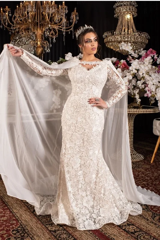 Full Hollow Lace Wedding Gowns with Long Chiffon Shawl