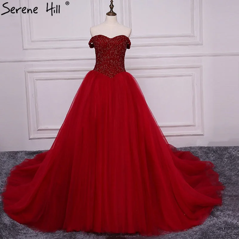 Luxury Beading Burgundy Crystal  Puffy  Ball Gown Wedding Dresses Gown